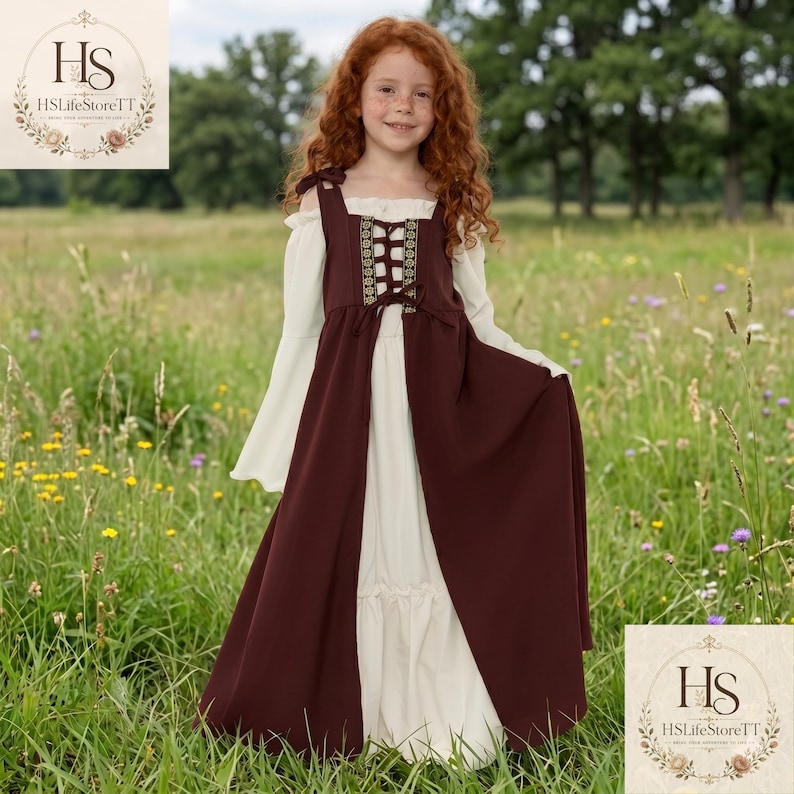May include: A floor-length dress featuring a cream-coloured under-layer with long bell sleeves and a dark maroon over-layer. The over-layer has a corset-style bodice with a decorative gold and black trim, a lace-up front, and shoulder straps.