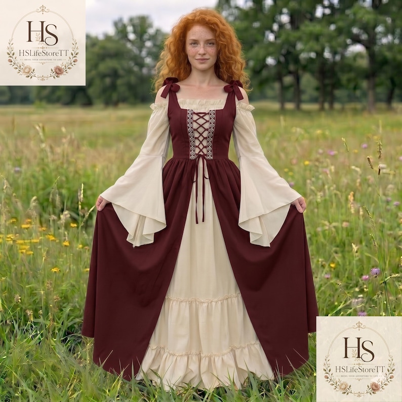 May include: A floor-length dress featuring a deep burgundy bodice with a lace-up front and cream-coloured long, flared sleeves. The skirt is cream-coloured with a burgundy overlay that opens at the front, revealing the lighter fabric underneath.