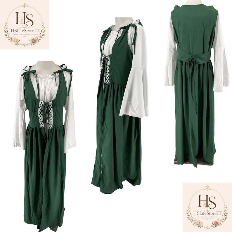 May include: A floor-length dark green dress featuring a white long-sleeve undergarment with flared sleeves. The green overdress has a lace-up front bodice with white trim, shoulder ties, and a back waist tie. The garment is shown from front, side, and back.