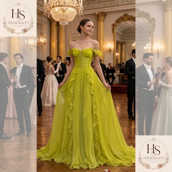 Lime Green off Shoulder Ball Gown, Corset Style Maxi Dress, Elegant Wedding Guest & Prom Dress
