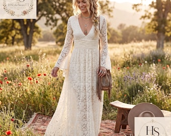 Può includere: Un abito lungo in pizzo color crema con maniche lunghe a campana, un profondo scollo a V e una vita arricciata. L'abito è realizzato in un intricato tessuto di pizzo floreale ed è abbinato a una borsa a tracolla in pelle marrone con frange.