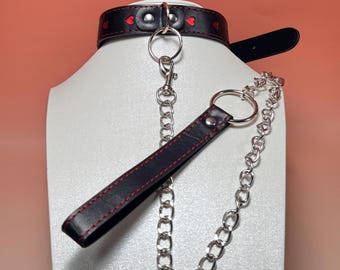 Custom Black Leather Gothic Choker with Heart Cutouts Detachable Chain Personalized Gift for Her