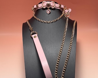 Pink Leather Heart Clasp Choker Detachable Leash Set Gold Hardware 2-in-1 Custom Engraved Gift for Her