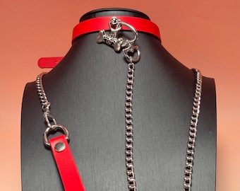 Conjunto de gargantilha com fecho de coração em couro vermelho, pingente de pata de osso e guia removível - presente de aniversário personalizado 2 em 1 para ela.