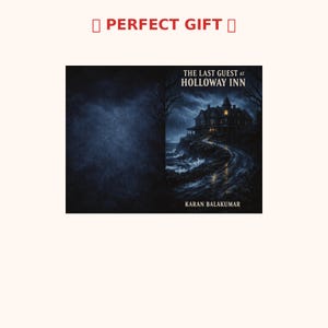 May include: A book cover with the title "The Last Guest at Holloway Inn" by Karan Balakumar. The cover art depicts a spooky mansion on a cliff overlooking a stormy sea. The words "Perfect Gift" are at the top.