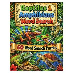 Peut inclure: Une couverture de livre intitulée Reptiles & Amphibians Word Search illustrée avec un caméléon coloré, une grenouille verte, un gecko, un iguane et une tortue marine dans une jungle. Le texte 60 Word Search Puzzles figure sur une bannière.