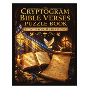May include: A Cryptogram Bible Verses Puzzle Book with gold text on a dark background. The cover features an open book, a scroll with cipher text, a lit candle, and white doves. The text reads: Cryptogram Bible Verses Puzzle Book.