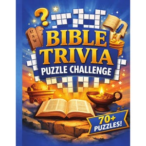Op de afbeelding: Blauwe boekomslag met de titel "BIBLE TRIVIA PUZZLE CHALLENGE" in gouden letters. De omslag bevat illustraties van religieuze symbolen, waaronder een open boek, een brandende kaars en de Tien Geboden.