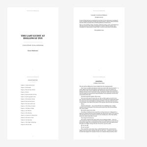 May include: Two-page spread of a book titled "The Last Guest at Holloway Inn." The left page displays the title, author's name, and table of contents. The right page shows the beginning of Chapter 1, with text in a serif font on a white background.