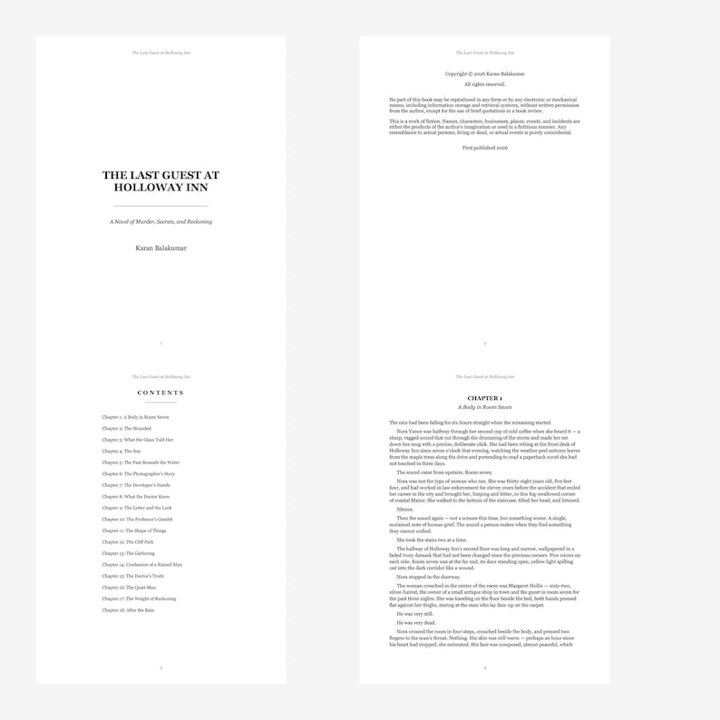 May include: Two-page spread of a book titled "The Last Guest at Holloway Inn." The left page displays the title, author's name, and table of contents. The right page shows the beginning of Chapter 1, with text in a serif font on a white background.
