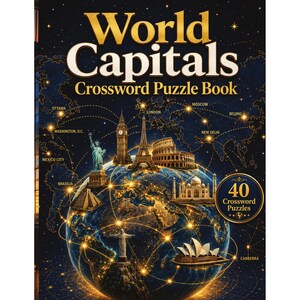Puede incluir: Un libro de crucigramas World Capitals con fondo azul oscuro que muestra un globo terráqueo brillante, un mapa mundial y monumentos icónicos como la Torre Eiffel, la Estatua de la Libertad y el Taj Mahal. El título es World Capitals.