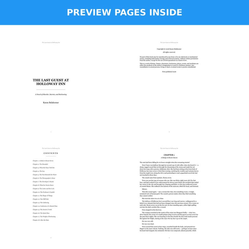 May include: Open book with the title "THE LAST GUEST AT HOLLOWAY INN" and the text "PREVIEW PAGES INSIDE" at the top. The book's pages are filled with text, including a table of contents and chapter titles. The book is a novel of murder, secrets, and reckoning.