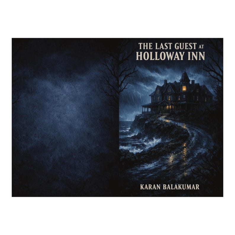 May include: Book cover illustration for "The Last Guest at Holloway Inn" featuring a dark, stormy scene. A large, ominous house sits on a cliff overlooking a turbulent sea. The title and author's name are displayed in white text.