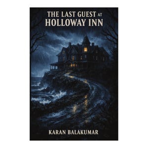 May include: Book cover for "The Last Guest at Holloway Inn" by Karan Balakumar. The image depicts a spooky mansion on a cliff during a storm. The title is in white, and the author's name is at the bottom.