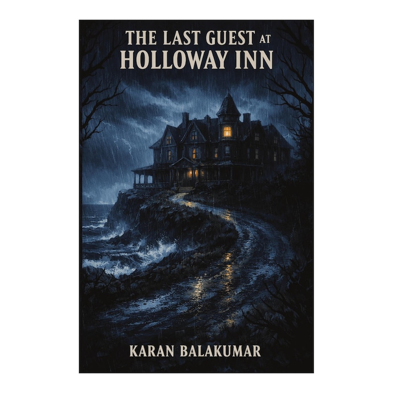 May include: Book cover for "The Last Guest at Holloway Inn" by Karan Balakumar. The image depicts a spooky mansion on a cliff during a storm. The title is in white, and the author's name is at the bottom.