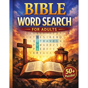 Op de afbeelding: Een Bijbel Woordzoeker boek voor volwassenen met een kruis, open boek en lantaarn illustratie. De cover toont de tekst "BIBLE WORD SEARCH FOR ADULTS" en "50+ Puzzles!" tegen een zonsondergang achtergrond.