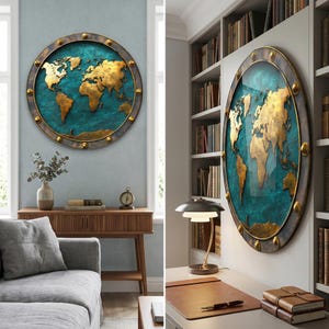Puede incluir: Una obra de arte mural redonda con un mapa del mundo. El mapa dorado sobre un fondo turquesa, enmarcado por un anillo de metal color bronce con detalles dorados. Un elemento decorativo para la decoración del hogar.