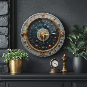 Può includere: Un orologio da parete decorativo con un design celeste. L'orologio ha una cornice bianca e dorata, un quadrante blu scuro con dettagli dorati e lancette dorate. L'orologio è circondato da piante decorative e altri elementi decorativi.