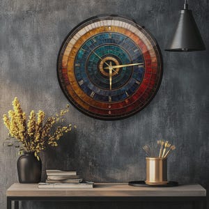 Op de afbeelding: Een ronde wandklok met een zwart frame en een kleurrijke wijzerplaat in mozaïekstijl. De wijzerplaat heeft tinten blauw, groen, geel en rood, met goudkleurige wijzers en Romeinse cijfers. De klok hangt aan een grijze, getextureerde muur.