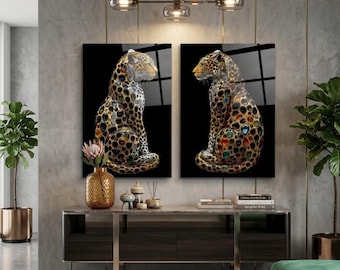 Jeweled Gold Leopard Tempered Glass Wall Art Set – Luxury Crystal Panther Decor