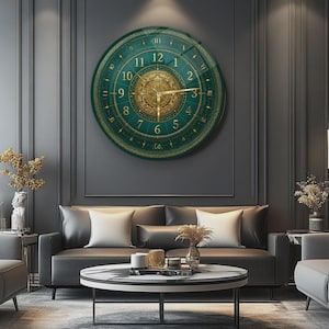 May include: A large, round wall clock with a teal face and gold Roman numerals. The clock has gold hands and a decorative gold centre. The clock is mounted on a dark grey wall above a grey sofa.
