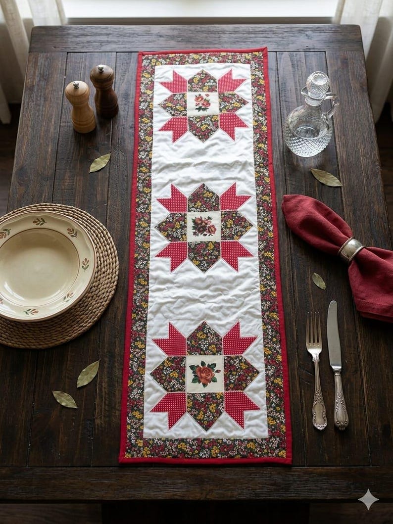 May include: A quilted table runner with a floral and star pattern. The runner features a white center with three floral squares, surrounded by red starbursts and a floral border. The runner is on a dark wooden table, with a place setting and decorative items.