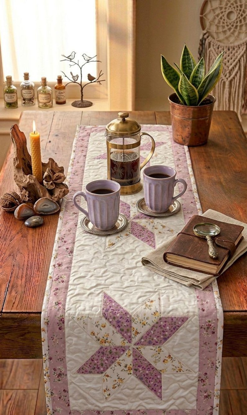 K&ouml;nnte beinhalten: Eine gem&uuml;tliche Szene mit einem Holztisch und einem L&auml;ufer mit Blumenmuster. Zwei lila Kaffeetassen stehen auf silbernen Untertassen. Eine French Press, eine Kerze und ein Buch mit Lupe erg&auml;nzen das Arrangement. Eine Topfpflanze und dekorative Flaschen sind ebenfalls zu sehen.