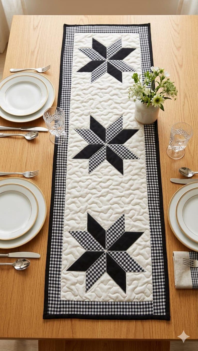 Puede incluir: Camino de mesa acolchado con fondo blanco y tres dise&ntilde;os de estrellas en blanco y negro. El borde es a cuadros blancos y negros. El camino de mesa est&aacute; sobre una mesa de madera puesta para una comida.