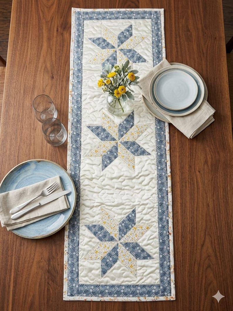 Pu&ograve; includere: Runner da tavolo trapuntato con sfondo crema e motivi a stella floreale blu. Il runner &egrave; bordato con un motivo floreale blu. La tavola &egrave; apparecchiata con piatti, posate, tovaglioli e un vaso di fiori gialli. Il tavolo &egrave; in legno.