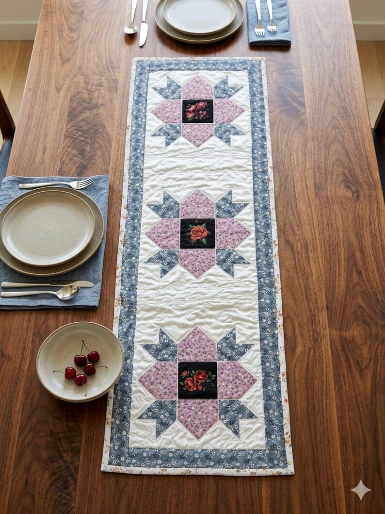 May include: A quilted table runner with a floral design. The runner features three large starburst patterns with pink and blue floral accents and a central black square with a rose. The border is a blue floral print.