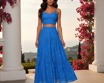 Blue Ruffle Hem Skirt Set, Elegant Cami Cottagecore Summer Outfit