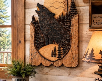 Hand-Carved Howling Bear & Moon Wall Art | Rustic Cabin Decor (15x10)