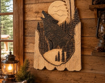 Hand-Carved Wolf & Moon Wall Art | Rustic Cabin Decor (15x10)