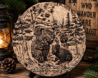 Mama Bear & Cub Wood Carving | Maple Hardwood Relief, Wildlife Lodge Decor (10 Inch)