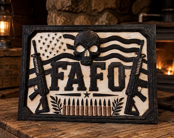 FAFO Tactical Skull Wood Carving | Patriotic Military Wall Art (Maple Hardwood)