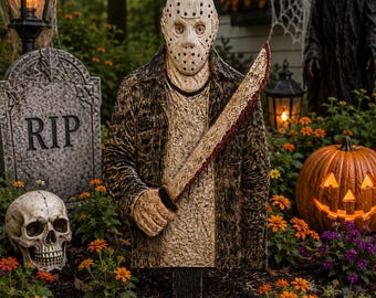 CNC Carved Maple Slasher Garden Stake | Horror Halloween Decor (22 Inch)