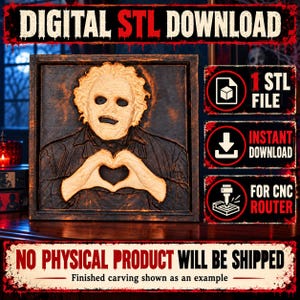 May include: A digital STL file for a CNC router featuring a square relief carving of a character with curly hair and a mask, making a heart shape with hands. Text includes DIGITAL STL DOWNLOAD, 1 STL FILE, INSTANT DOWNLOAD, FOR CNC ROUTER, and NO PHYSICAL PRODUCT WILL BE SHIPPED.