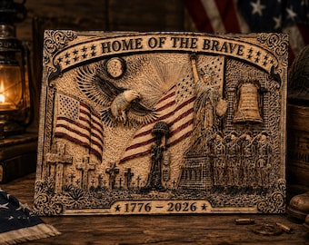 Handcrafted Maple Wood Carving | Home of the Brave Patriotic Wall Art (14x10)