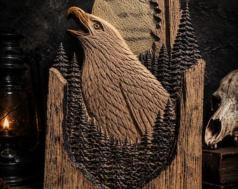 Hand-Carved Eagle & Moon Wood Wall Art | Rustic Cabin Decor (10x14)