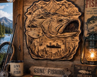 Handcrafted Maple Largemouth Bass Wall Art | CNC Carved Fishing Cabin Decor