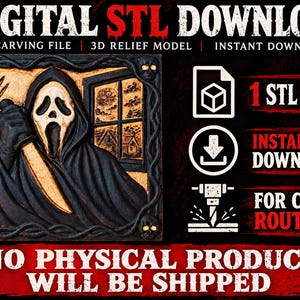 May include: A digital STL file for a CNC carving featuring a 3D relief model of a cloaked figure with a white mask holding a knife near a telephone and window. Text includes DIGITAL STL DOWNLOAD, 1 STL FILE, INSTANT DOWNLOAD, FOR CNC ROUTER, NO PHYSICAL PRODUCT WILL BE SHIPPED.