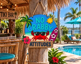 No Crabby Attitudes Sign | Layered Wood Beach House Decor (12 Inch)