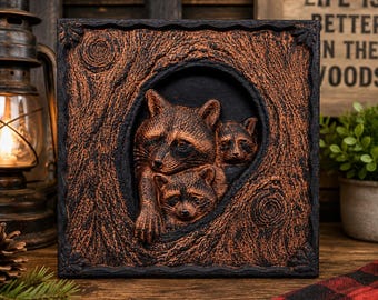 Handcrafted Sapele Wood Raccoon Family Carving | Wildlife Wall Art (8x8)