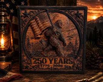 Bigfoot 250th Anniversary Wood Carving | Patriotic Sasquatch Wall Art (8x8)