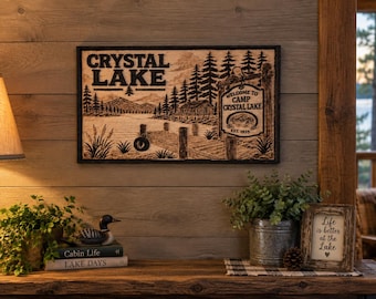 Hand-Carved Crystal Lake Wood Art | Horror Cabin Scene (14x10)