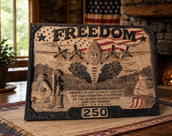 Freedom 250th Anniversary Maple Wood Carving | Military Patriotic Wall Art (14"x10")