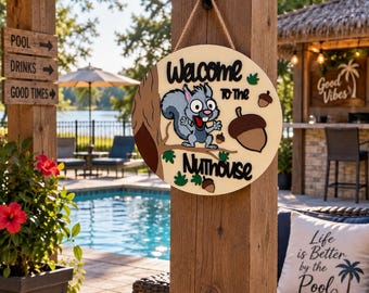 Funny Squirrel Door Sign | Welcome to the Nuthouse (12 Inch)