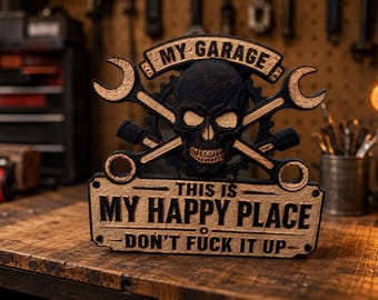 Personalized Maple Wood Garage Sign | Skull & Wrench Mechanic Gift (Custom Name)