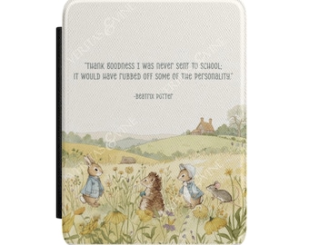 Funda para Kindle con cita de Beatrix Potter y diseño de Peter Rabbit para la educación en casa / Cubierta para lector electrónico con diseño de pradera floral