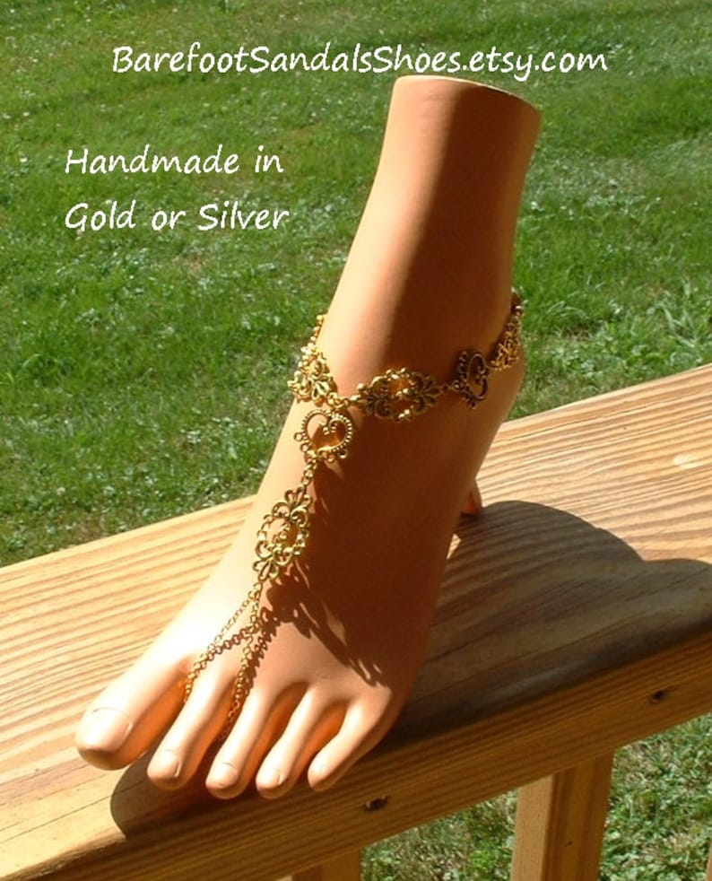 GOLD Barefoot sandals SILVER Lotus flower jewelry gold toe ring wedding jewelry silver anklet bracelet heart chain bridal foot jewelry